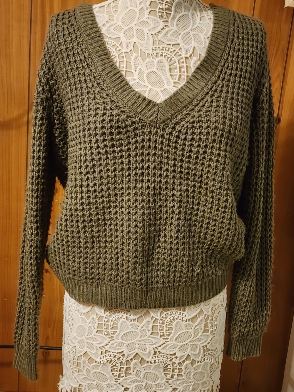 Forever 21 Olive Green Open Knit V-Neck Sweater w/ Back Strap